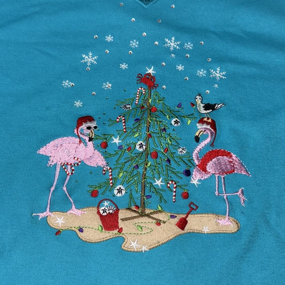 Women’s Allyson Whitmore Long Sleeve Embroidered Christmas Flamingo Shirt PXL